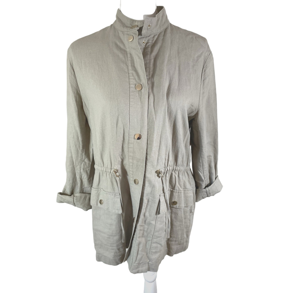 Zara Brown Snap Front Jacket Drawstring Waist Linen Blend Pockets Size S